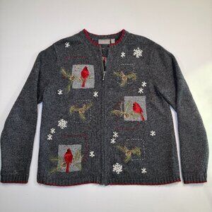 Vintage 90s CROFT and BARROW Wool Holiday Cardinal Cardigan Sweater Gray M